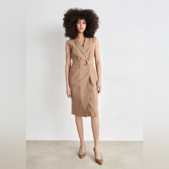 HUGO BOSS Drupe Belted Linen Blend Dress in Camelhair Size US 6 NWT - Picture 1 of 13
